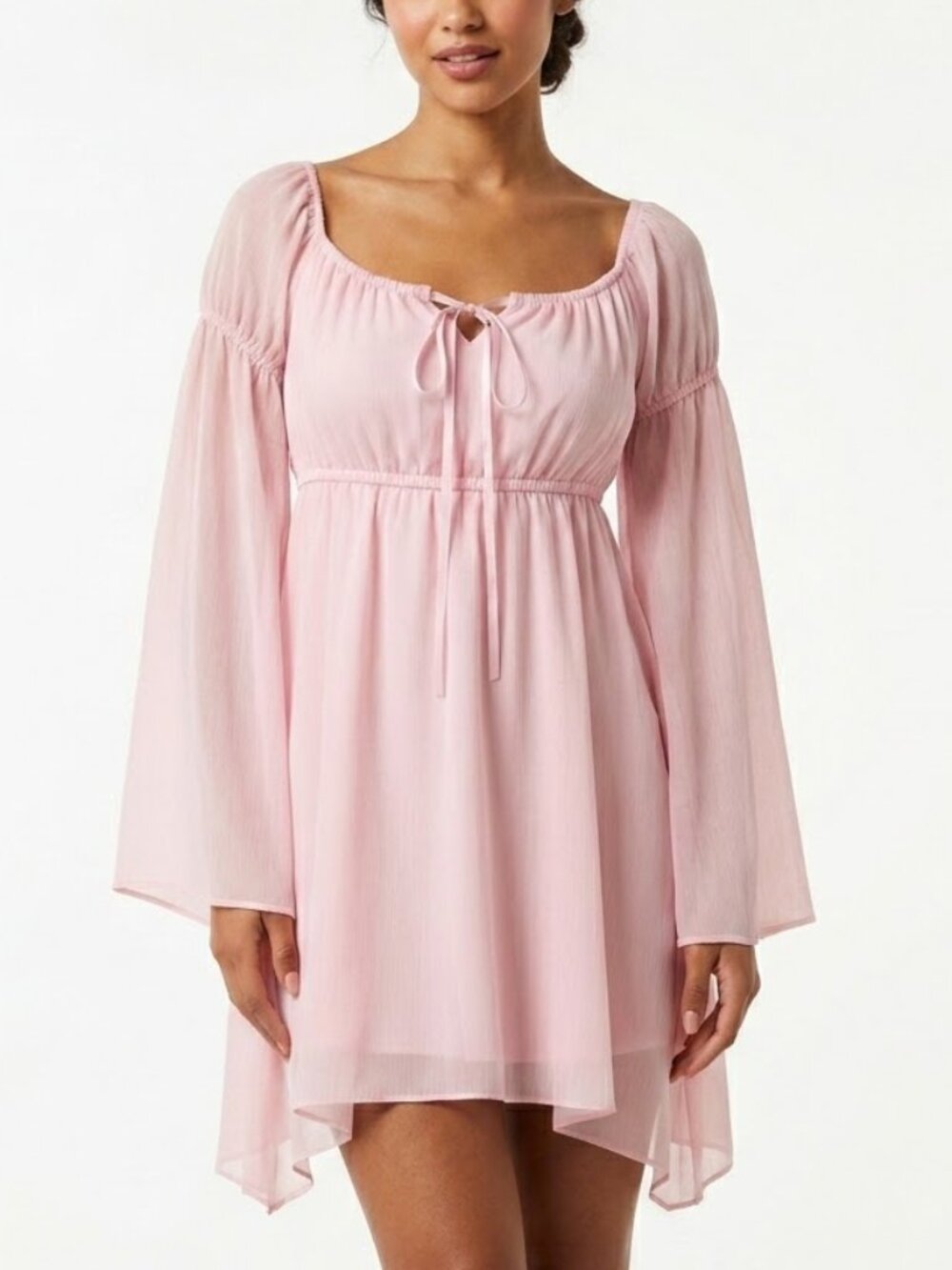 Dainty Pink Fairycore Milkmaid Mini Dress Sheer Bell Sleeves Coquette Ribbon S